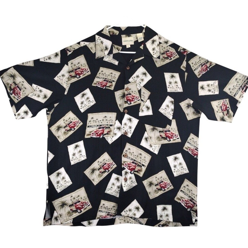 JOSEPH & FEISS Mens Large Black Silk Hawaiian Shirt Red Car Palm Tree Print‎